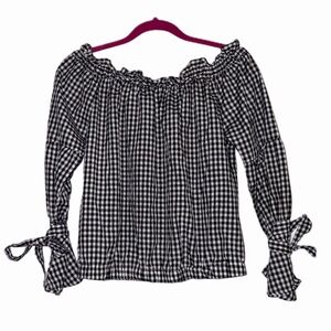 Active USA Black and White Gingham Off-Shoulder Top with Tie Sleeves Size Large